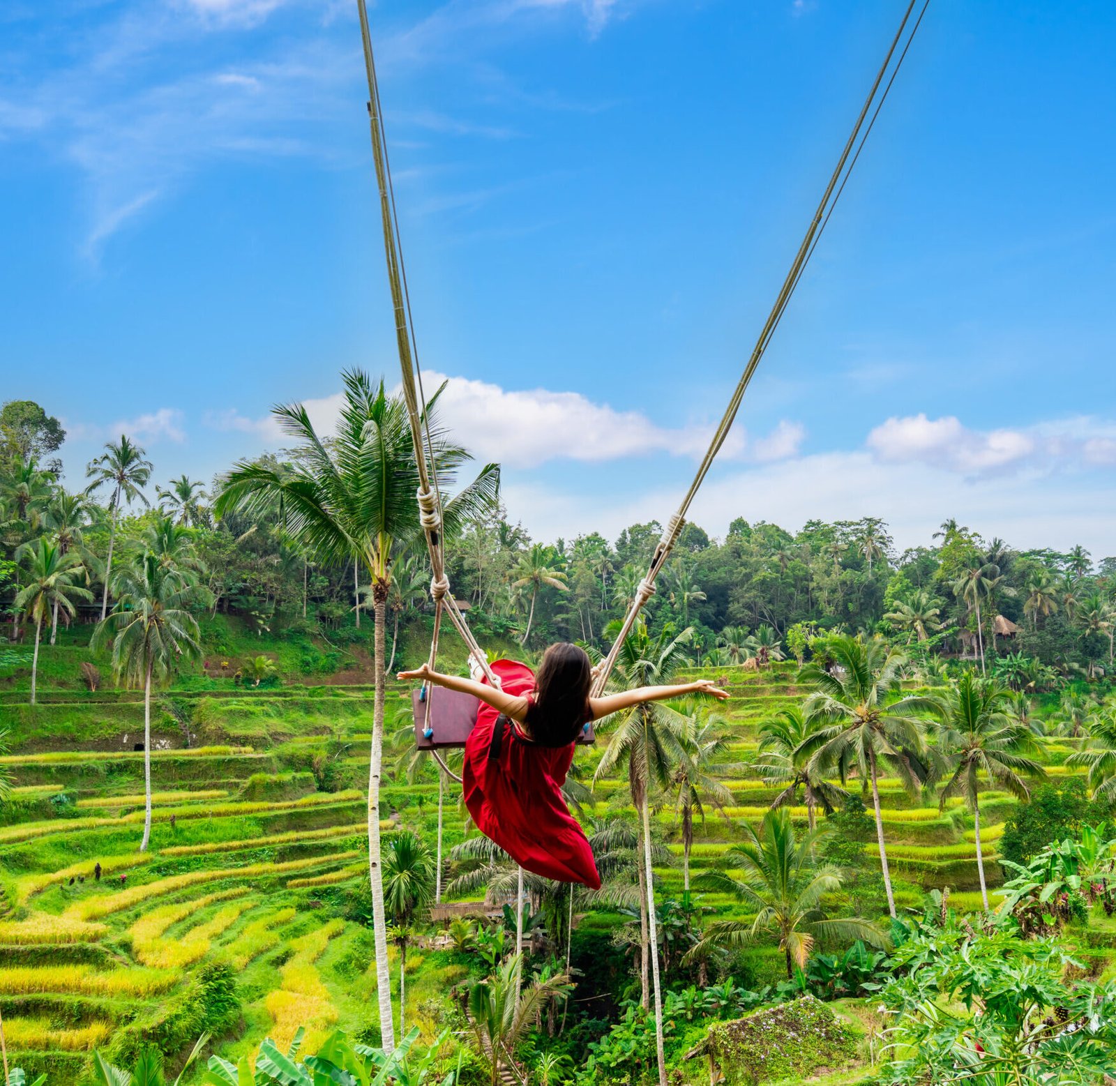 Young female tourist in red dress enjoying the Bali swing at tegalalang rice terrace in Bali, Indonesia